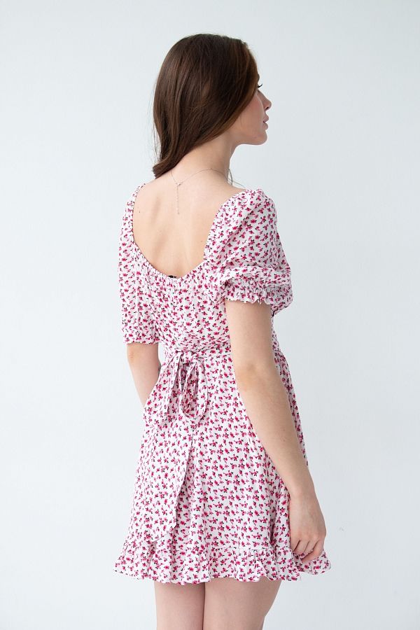 Сукня міні з поясом та рюшами молочне в малинові квіти D0723/4 № 5