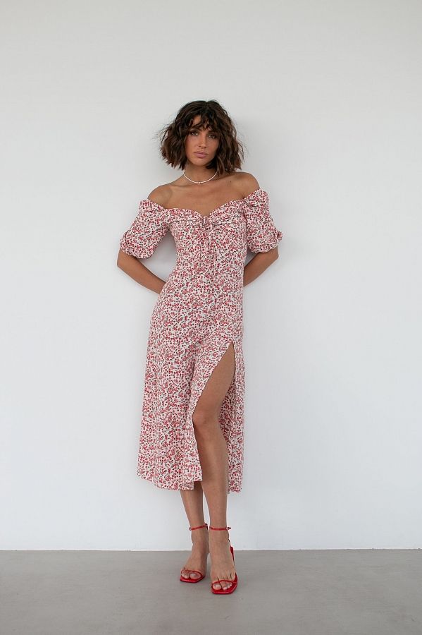 Сукня міді з роспіркою короткий рукав молочна в червоні квіти D0521КР/8 № 2