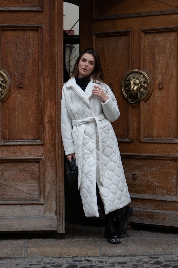 Куртка стьобана довга з поясом візерунок хвилька молочна МБПЩ001/7 #RU#  Куртка стеганая длинная с поясом узор волна молочная МБПЩ001/7 № 1