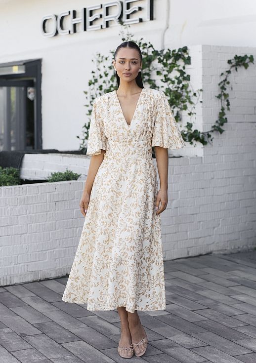 Сукня міді з трьома гудзиками молочна в жовті квіти - №2