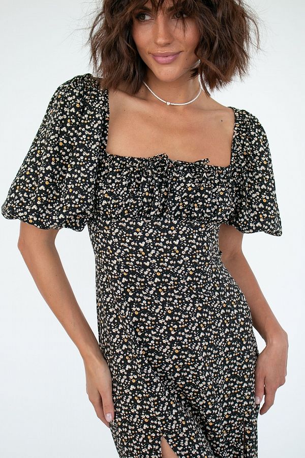 Сукня міді з двома роспірками чорний в біло-жовті квіти ПЛ0031/4 № 2
