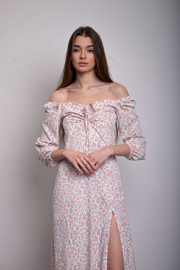 Сукня міді з роспіркою довгий рукав молочна в оранжеву квітку D0521ДР/6 № 3