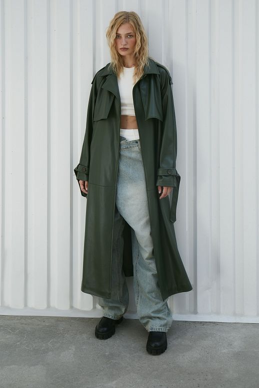 Тренч з екошкіри на замші темно-зелений