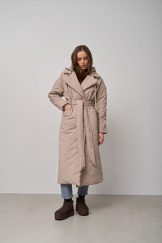Куртка довга з поясом та знімним капюшоном світло-бежева