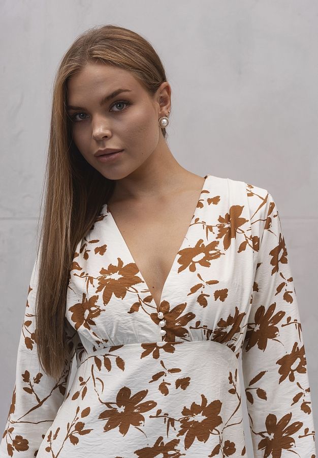 Сукня міні гудзики/мереживо довгий рукав молочна в коричневі гілки DRDOV/7 № 3