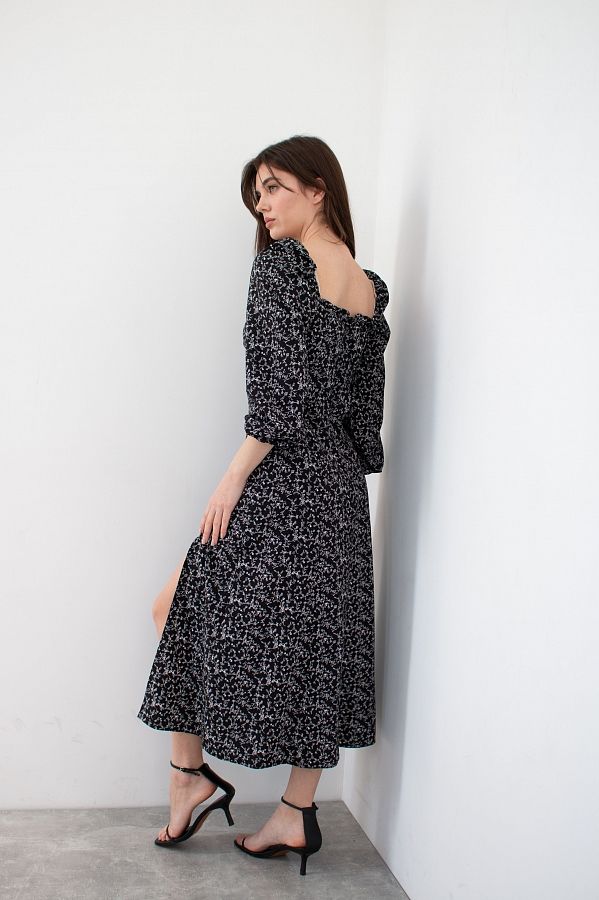 Сукня міді з роспіркою довгий рукав чорна візерунок білі гілочки D0521ДР/7 № 3