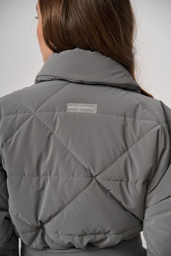 Куртка стьобана довга з поясом візерунок трикутник сіра МБПЩ001/16 #RU# Куртка стеганная длинная с поясом узор треугольник серый МБПЩ001/16 № 5