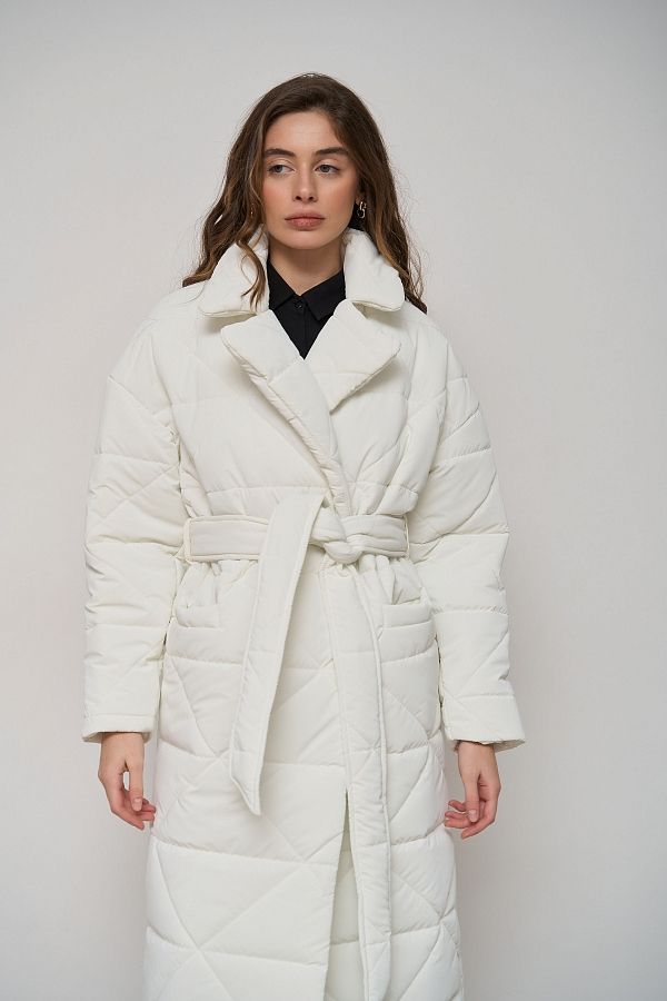 Куртка стьобана довга з поясом візерунок трикутник молочна МБПЩ001/9 #RU# Куртка стеганая длинная с поясом узор треугольник молочная МБПЩ001/9 № 2