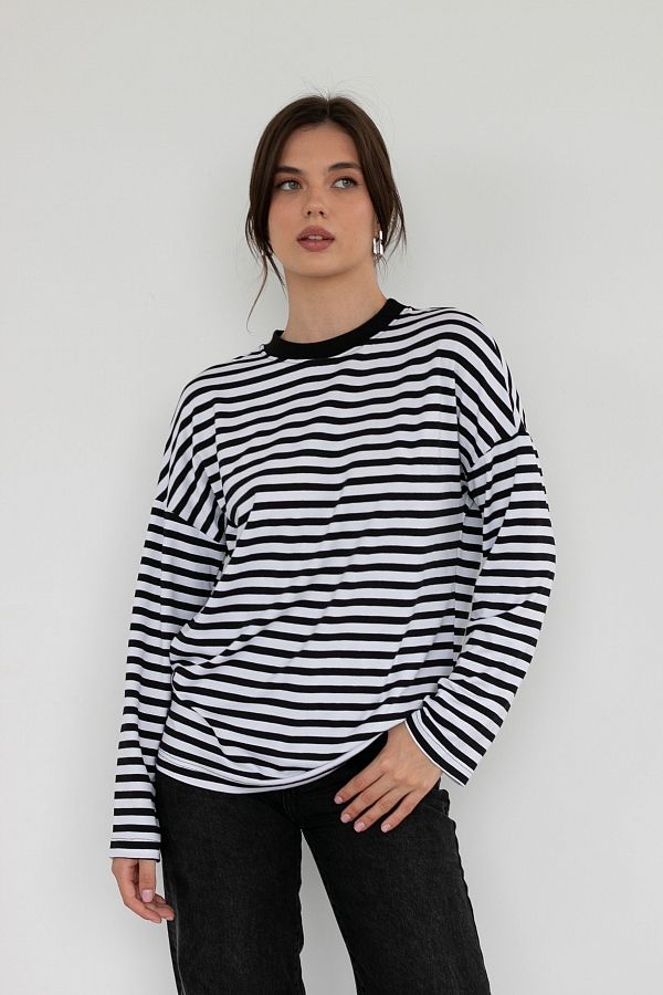 Лонгслів у смужку чорний (чорний комір) КС0123 #RU# Лонгслив черная полоска КС0123 № 3