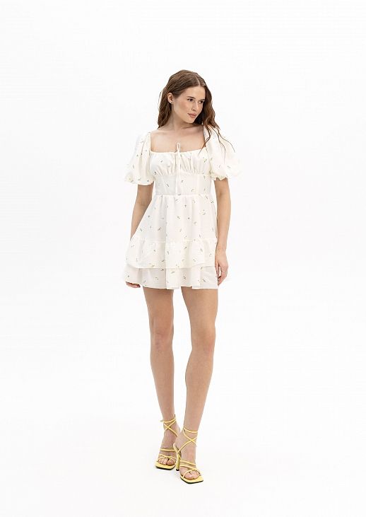 Сукня міні короткий рукав молочна в жовті квіти - №2