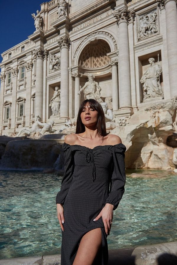 Сукня міді з роспіркою довгий рукав чорна в мілкий горох D0521ДР/3 № 2