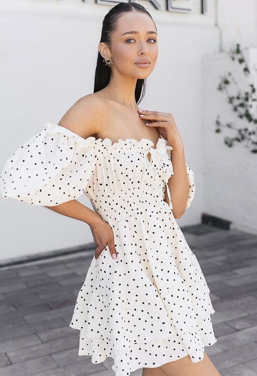 Сукня муслінова короткий рукав молочна в чорний горох