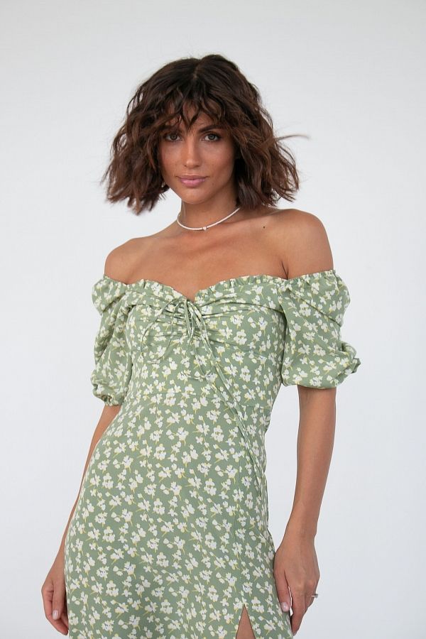 Сукня міді з роспіркою короткий рукав оливкова в жовті квіти D0521КР/1 № 2