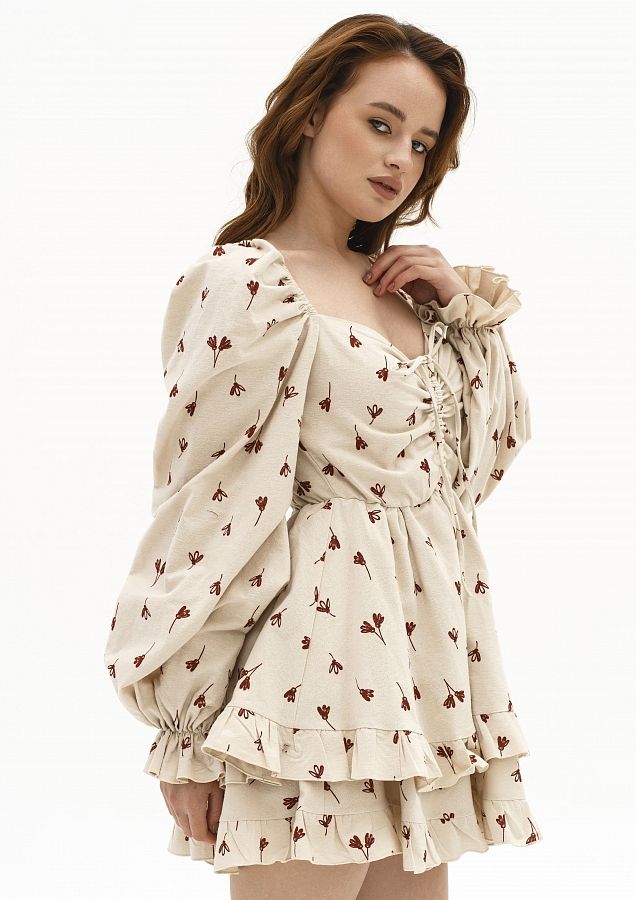 Сукня з подвійною спідницею бежева в коричневі квіти D0923/15 № 2