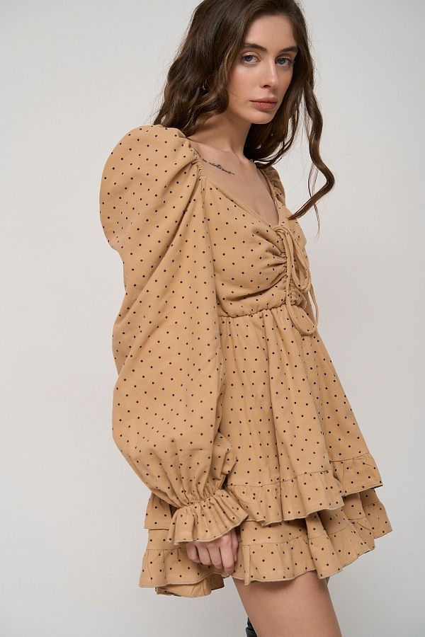 Сукня з подвійною спідницею темно-бежева в чорний горох  № 4