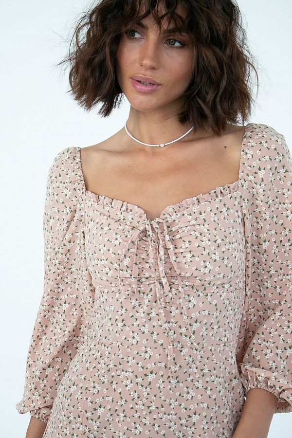 Сукня міні з роспіркою бежева в мілкі квіти D0321/19 № 3