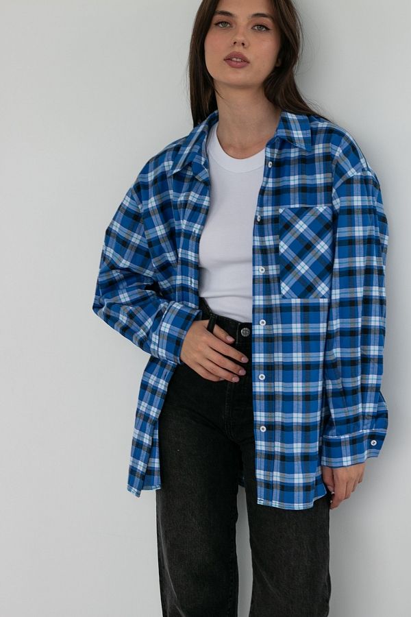 Сорочка котонова класична синя клітинка МБСЧ001 #RU# Рубашка котоновая классическая синяя клетка МБСЧ001 № 1