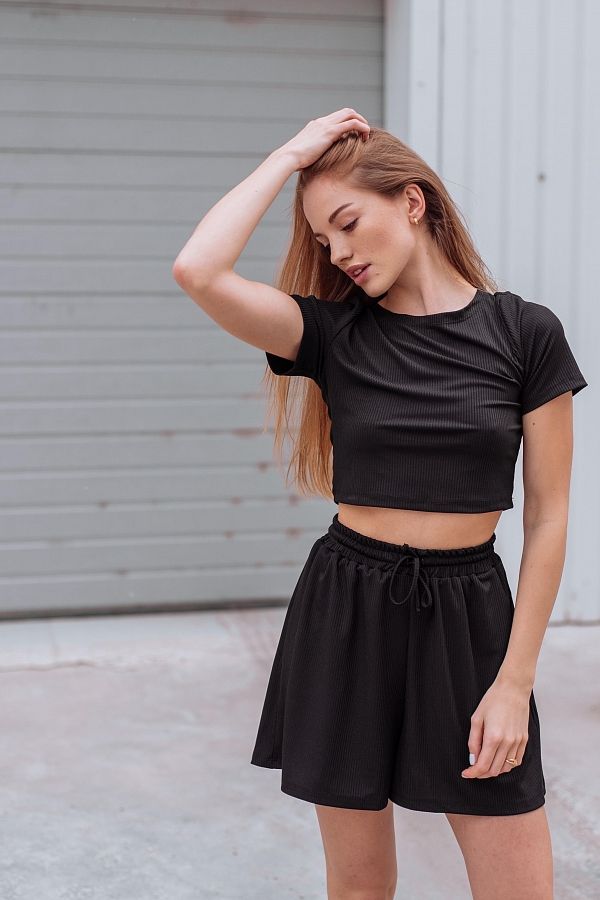 Костюм рубчик футболка з шортами чорний Н1021/13 #RU# Костюм рубчик футболка с шортами черный Н1021/13 № 1