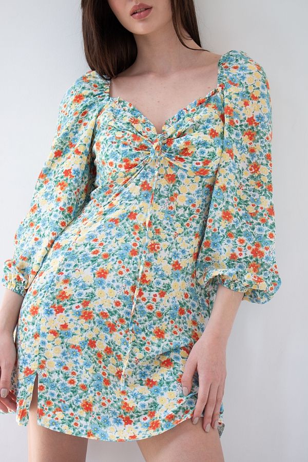 Сукня міні з роспіркою блакитна в жовті квіти D0321/10 № 4