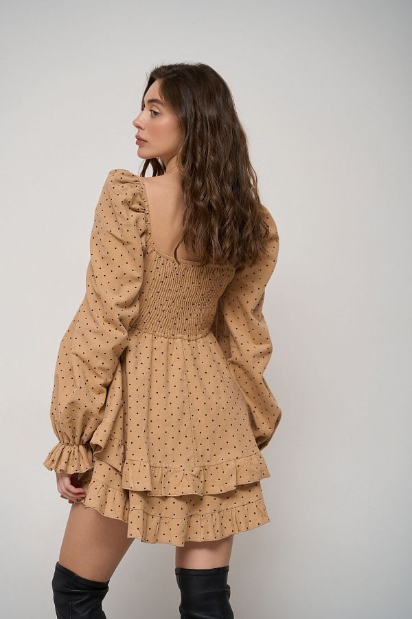 Сукня з подвійною спідницею темно-бежева в чорний горох  № 3