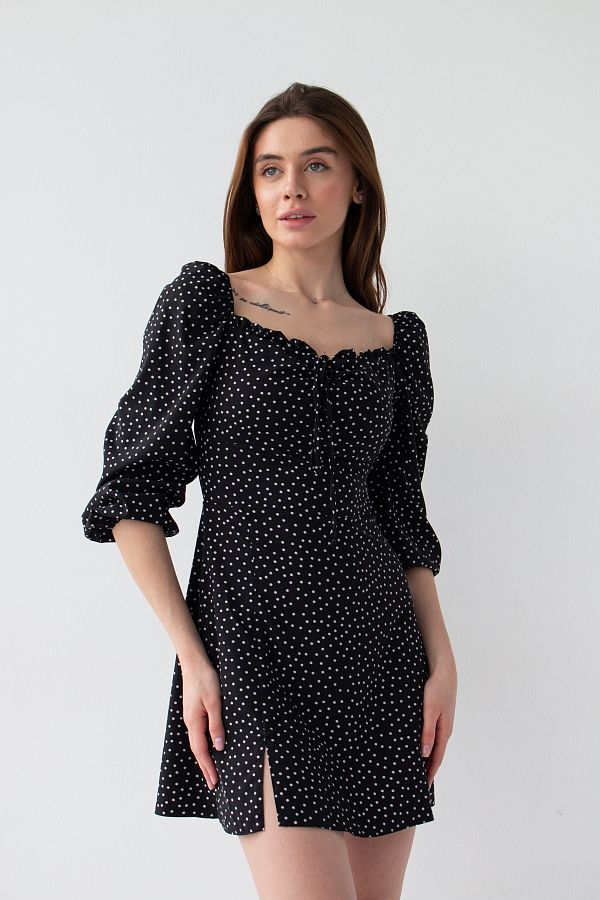 Сукня міні з роспіркою чорна в середній горох D0321/14 № 3