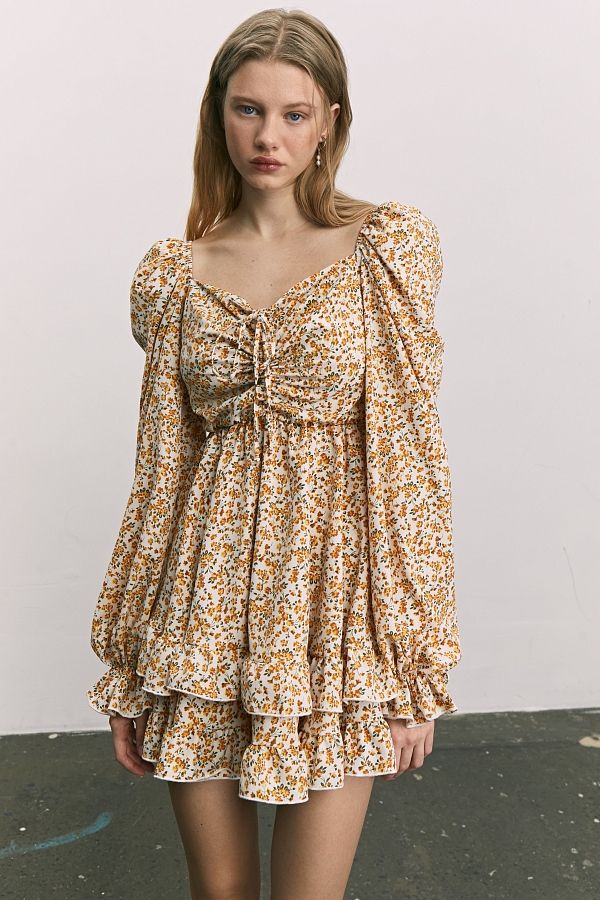 Сукня з софту подвійна спідниця молочна в жовті квіти 0923 № 1