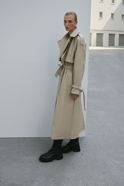Тренч з екошкіри на замші світло-бежевий