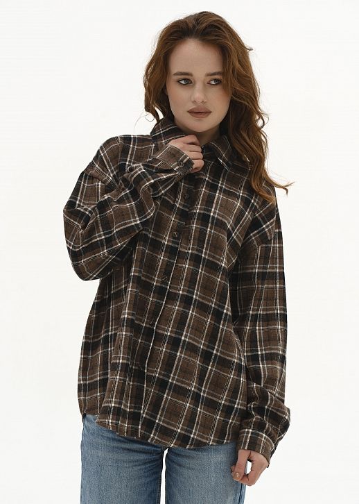 Сорочка oversize в клітинку темно-коричнева - №2