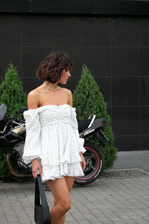 Сукня міні муслінова з рюшами молочний в блакитну квітку D00923/5 № 2