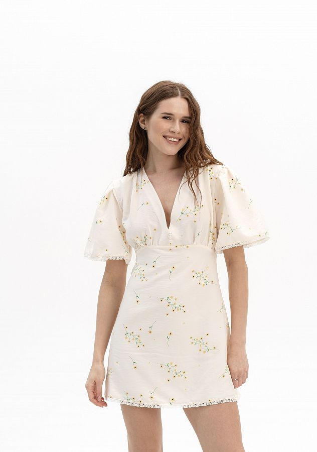 Сукня міні з гудзиками та мереживом в жовті квіти DRKOR/01 № 2