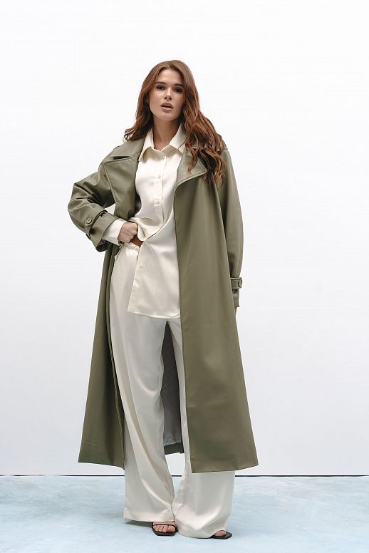 Тренч максі з екошкіри оливковий