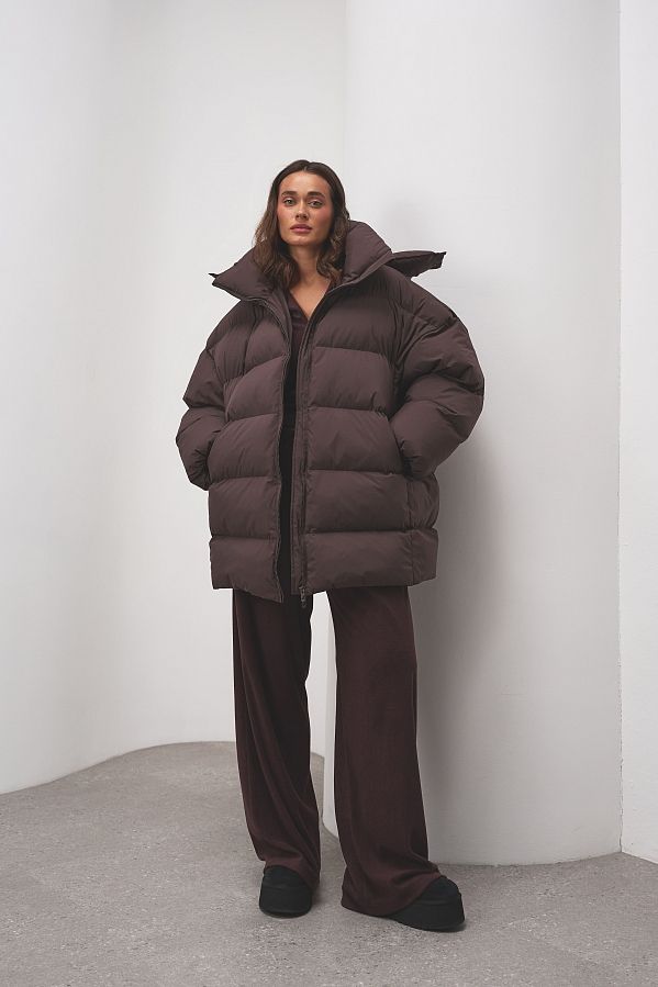 Пуховик зимовий подовжений коричневий KZR25POD/1 #RU# Пуховик зимний однотонный удлиненный коричневый KZR25POD/1 № 1