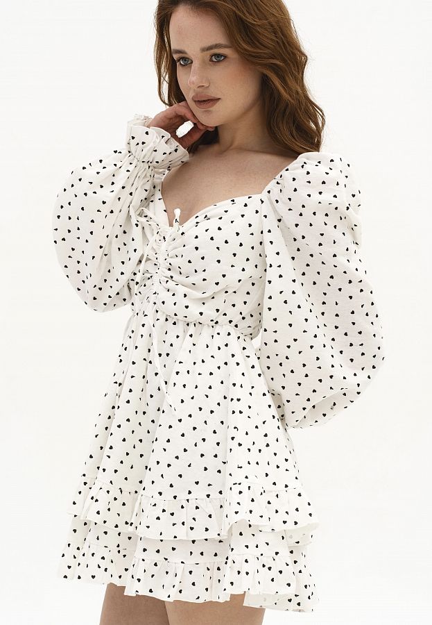 Сукня з подвійною спідницею молочна в чорні сердечка D0923/1 № 2