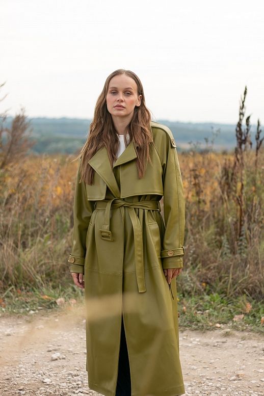 Тренч з екошкіри на замші оливка 01