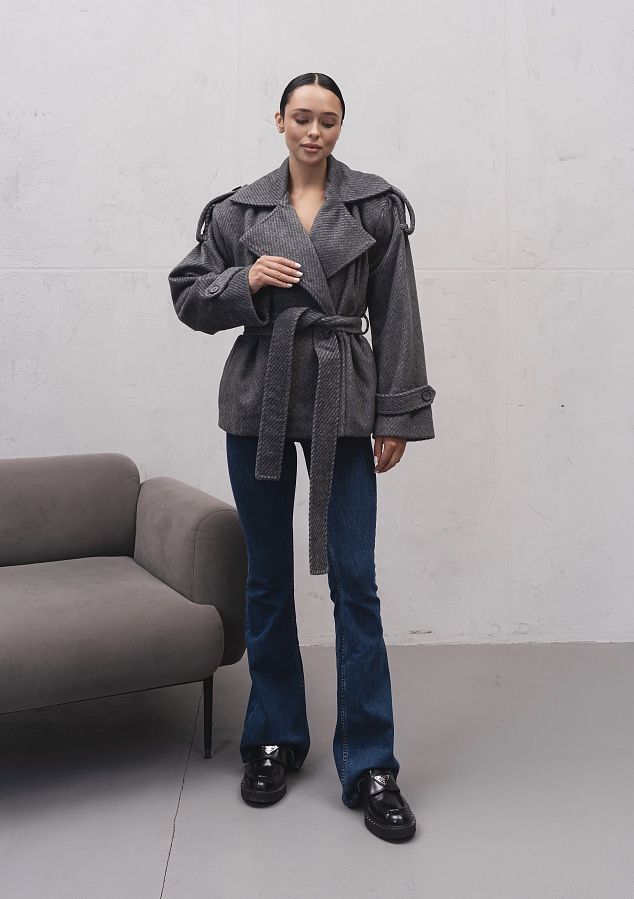 Пальто коротке з широкими плечами під пояс сіре PL25/02 #RU# Пальто короткое с широкими плечами под пояс серое PL25/02 № 1