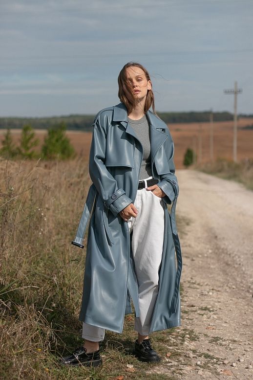  Тренч з екошкіри на замші темно-блакитний - №2