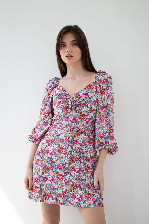 Сукня міні з роспіркою блакитна в різнокольорові квіти - №2