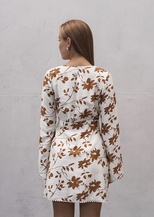 Сукня міні гудзики/мереживо довгий рукав молочна в коричневі гілки - №2