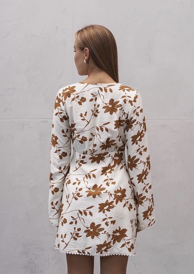 Сукня міні гудзики/мереживо довгий рукав молочна в коричневі гілки DRDOV/7 № 2