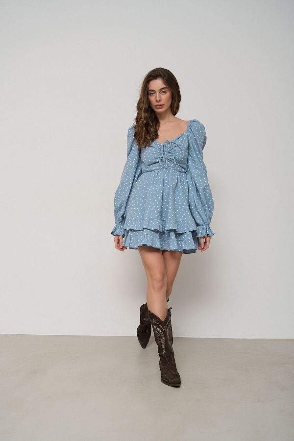 Сукня з подвійною спідницею блакитна в білі серця  № 5