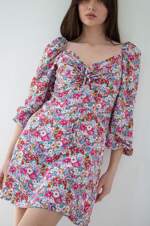 Сукня міні з роспіркою блакитна в різнокольорові квіти