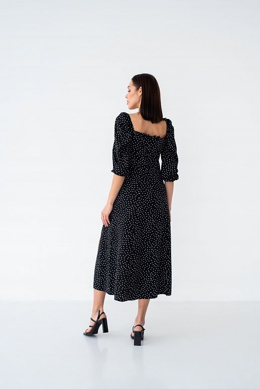 Сукня міді з роспіркою довгий рукав чорна в середній горох - №2