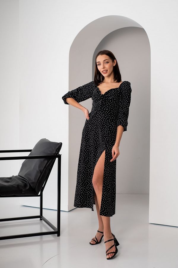 Сукня міді з роспіркою довгий рукав чорна в середній горох D0521ДР/1 № 1
