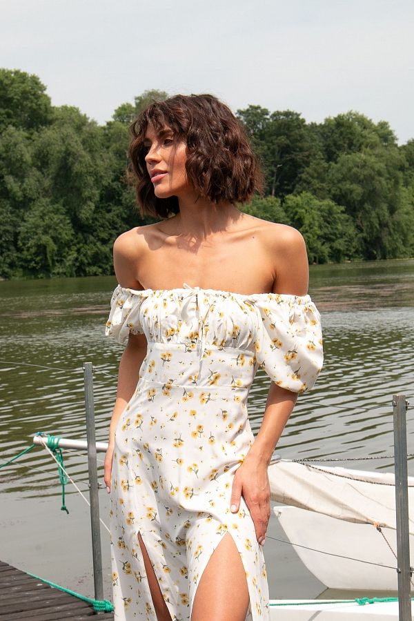 Сукня міді з двома роспірками молочна в жовті квіти ПЛ0031/7 № 1