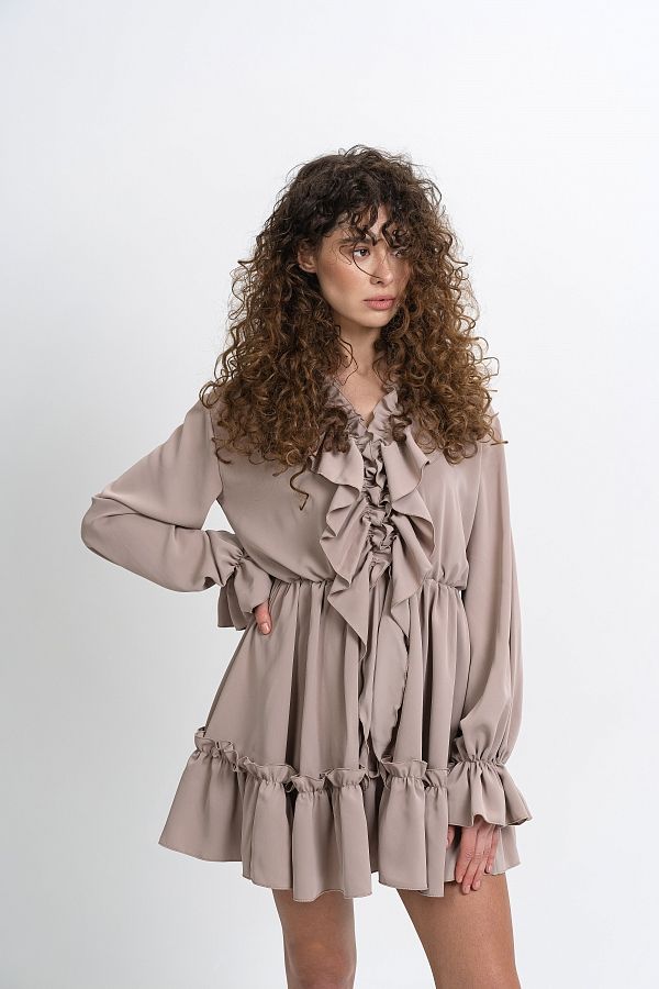 Сукня міні з воланами темно-бежева МБПЛ 12.08 № 2