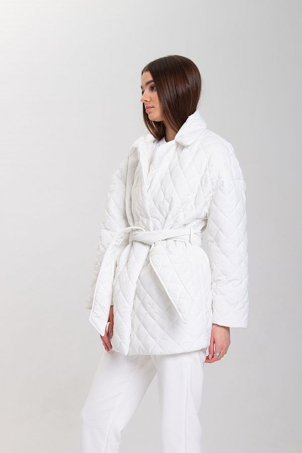 Куртка стьобана на кнопці з поясом біла МБКТ001/5 #RU# Куртка стеганая на кнопке с поясом белая МБКТ001/5 № 2