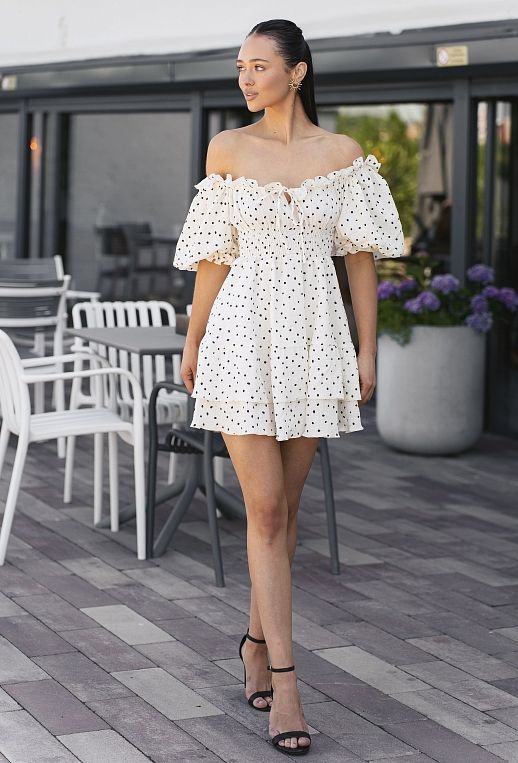 Сукня муслінова короткий рукав молочна в чорний горох - №2