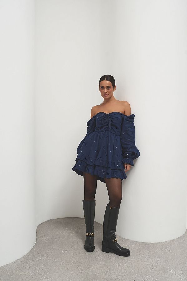 Сукня з подвійною спідницею темно-синя в горошок D0923/15 № 1