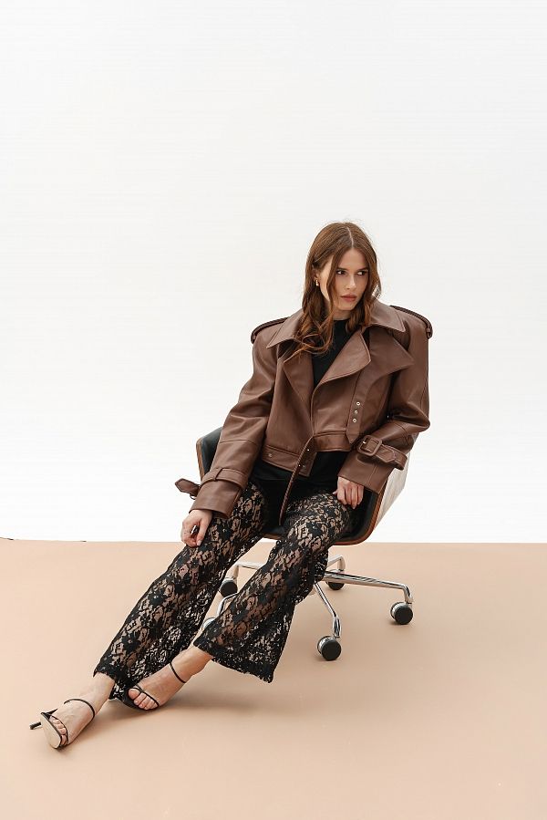 Тренч вкорочений з екошкіри коричневий KTRP/01 № 1