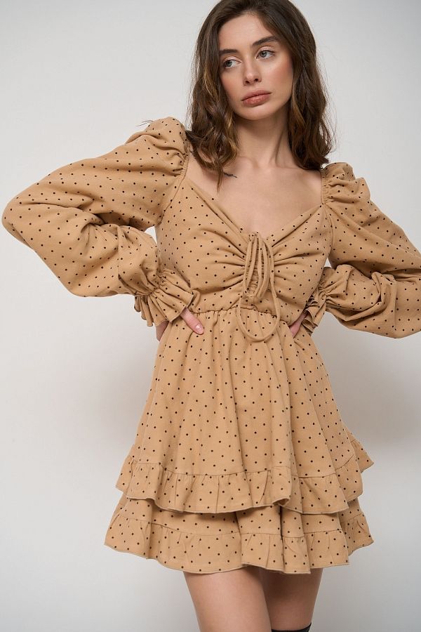 Сукня з подвійною спідницею темно-бежева в чорний горох  № 1